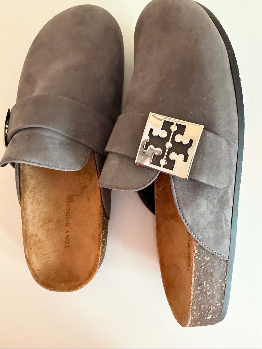 Tory Burch Suede Gray Logo Buckle Slide Mule